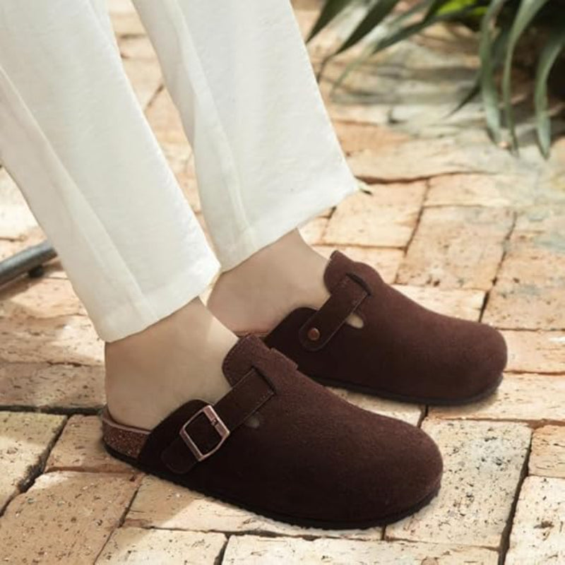 Slip On Suede Clogs With Buckle Closure